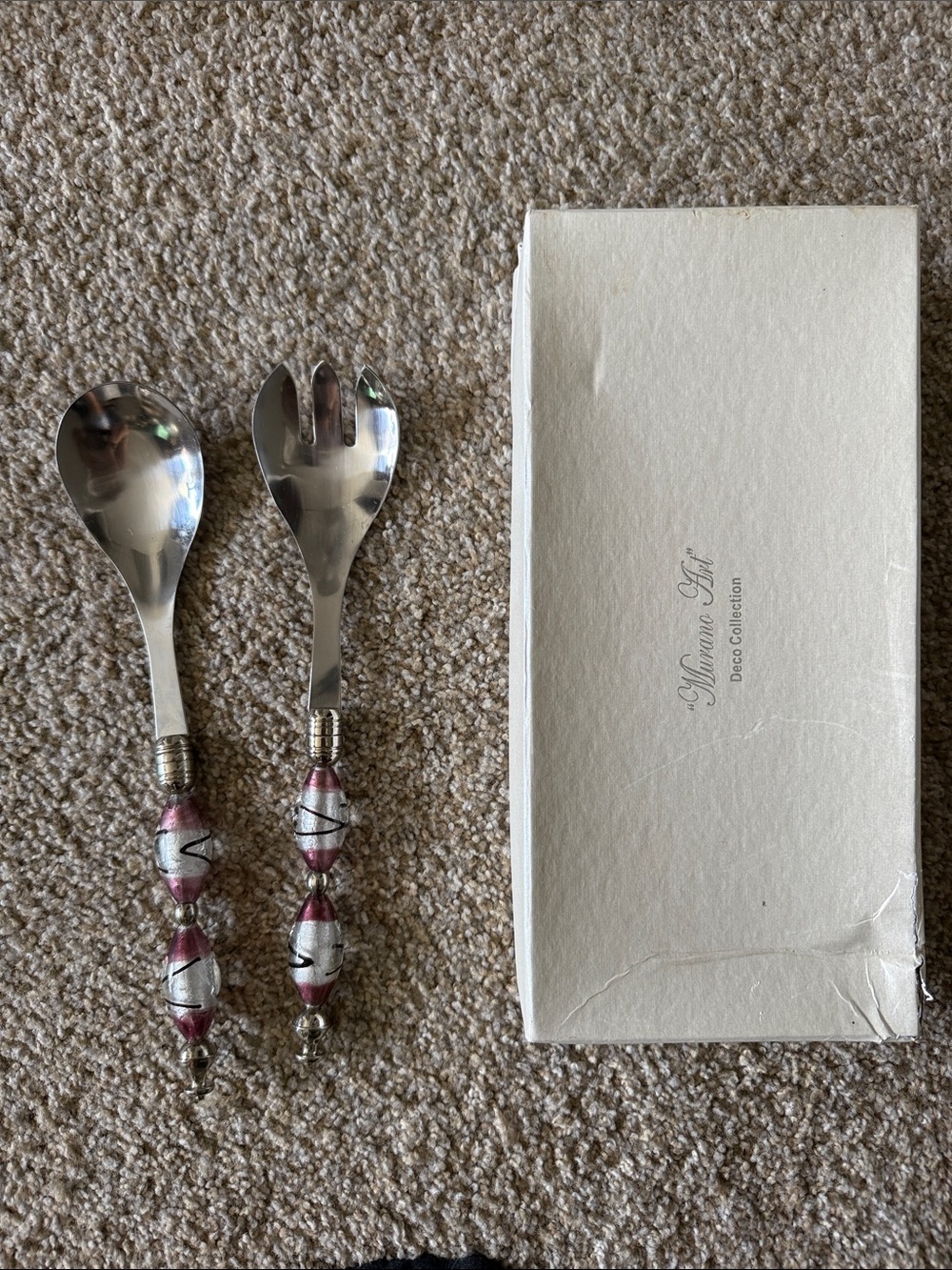 Murano Italian Home Pink & Silver Beaded Salad Serving Set ✨